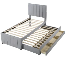 Lit Gigogne 90x200 cm - Lit enfant avec Tiroirs et Lit Gigogne, Revêtement en Lin, MDF et Métal - sans matelas - Gris