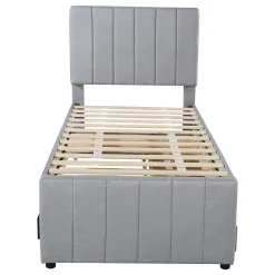 Lit Gigogne 90x200 cm - Lit enfant avec Tiroirs et Lit Gigogne, Revêtement en Lin, MDF et Métal - sans matelas - Gris