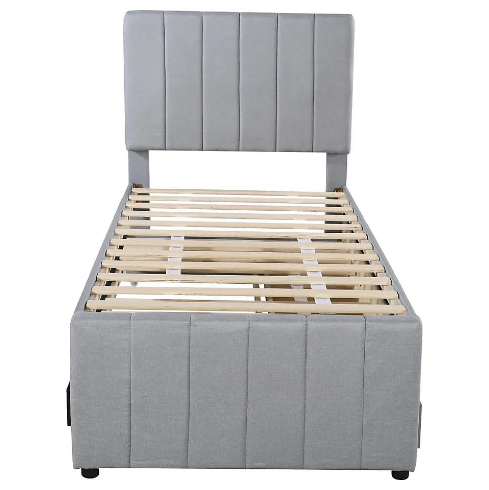 Lit Gigogne 90x200 cm - Lit enfant avec Tiroirs et Lit Gigogne, Revêtement en Lin, MDF et Métal - sans matelas - Gris