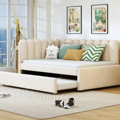 Lit Gigogne 140x200 cm - Lit Enfant Velours avec Rangement et Lit Extensible L-Forme, Sans Matelas, Beige