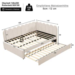 Lit Gigogne 140x200 cm - Lit Enfant Velours avec Rangement et Lit Extensible L-Forme, Sans Matelas, Beige