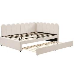 Lit Gigogne 140x200 cm - Lit Enfant Velours avec Rangement et Lit Extensible L-Forme, Sans Matelas, Beige