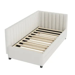 Lit Gigogne 90x200 cm - Lit enfant et d'Appoint avec Tiroir Intégré, Sommier À Lattes, Velours Beige