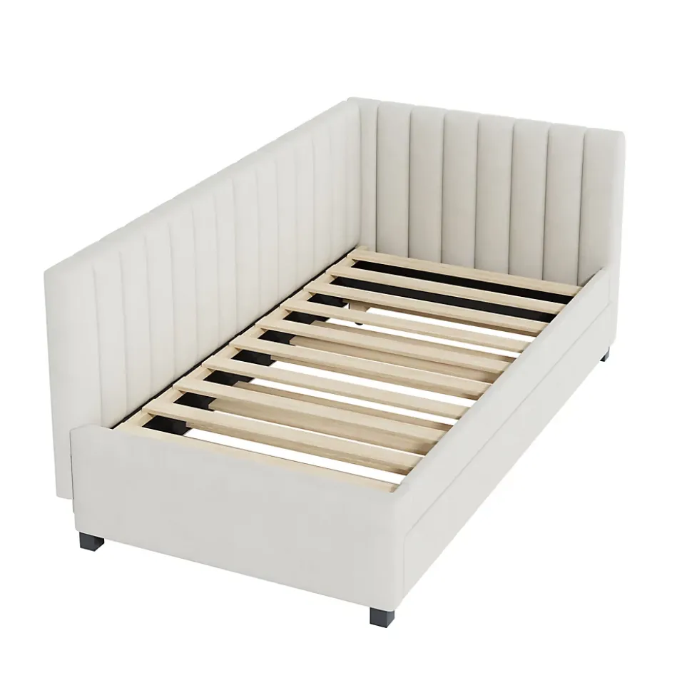 Lit Gigogne 90x200 cm - Lit enfant et d'Appoint avec Tiroir Intégré, Sommier À Lattes, Velours Beige