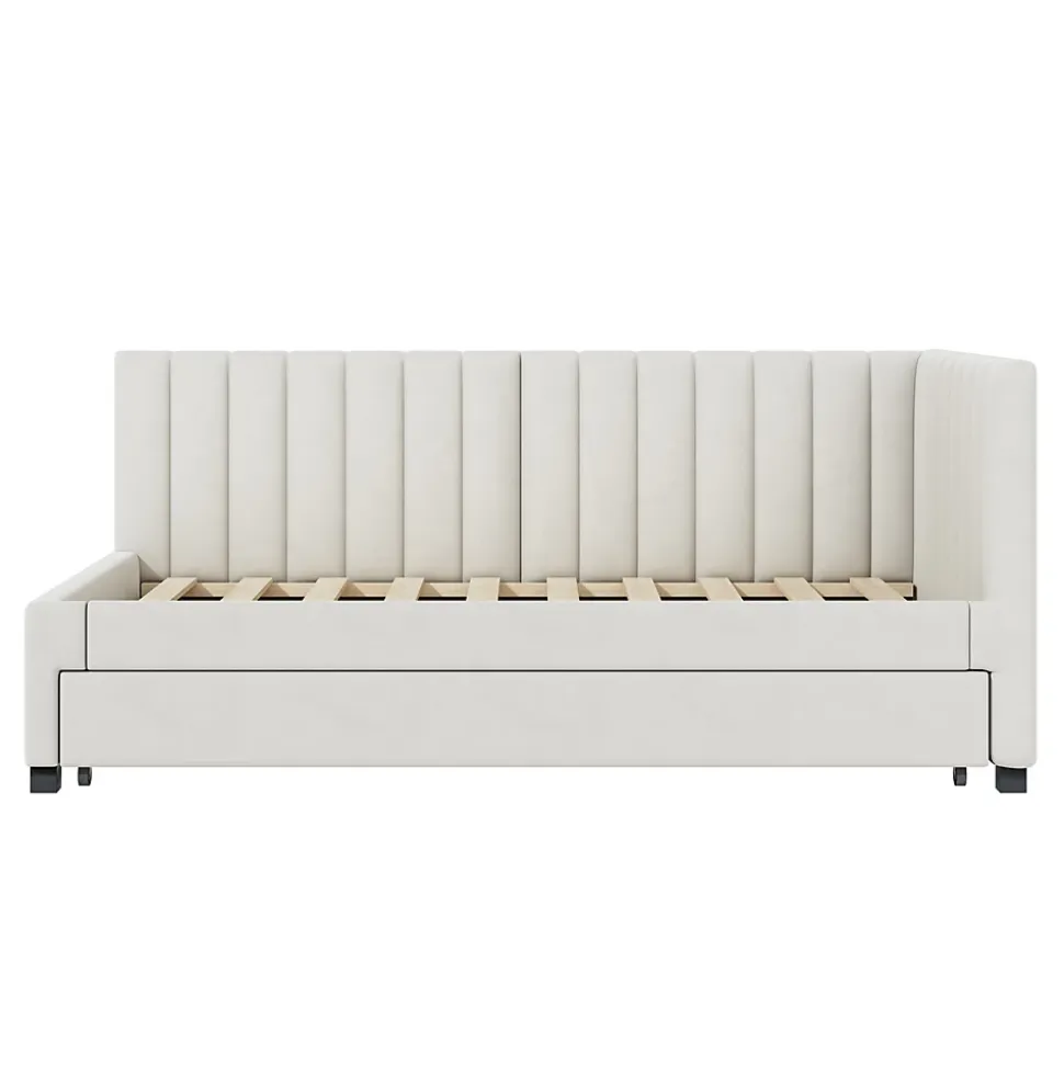 Lit Gigogne 90x200 cm - Lit enfant et d'Appoint avec Tiroir Intégré, Sommier À Lattes, Velours Beige