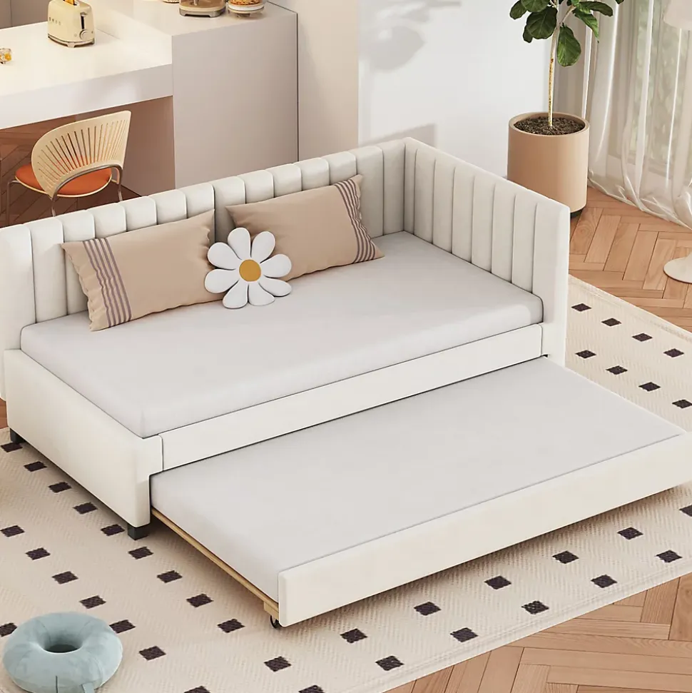 Lit Gigogne 90x200 cm - Lit enfant et d'Appoint avec Tiroir Intégré, Sommier À Lattes, Velours Beige