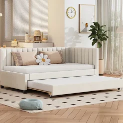 Lit Gigogne 90x200 cm - Lit enfant et d'Appoint avec Tiroir Intégré, Sommier À Lattes, Velours Beige