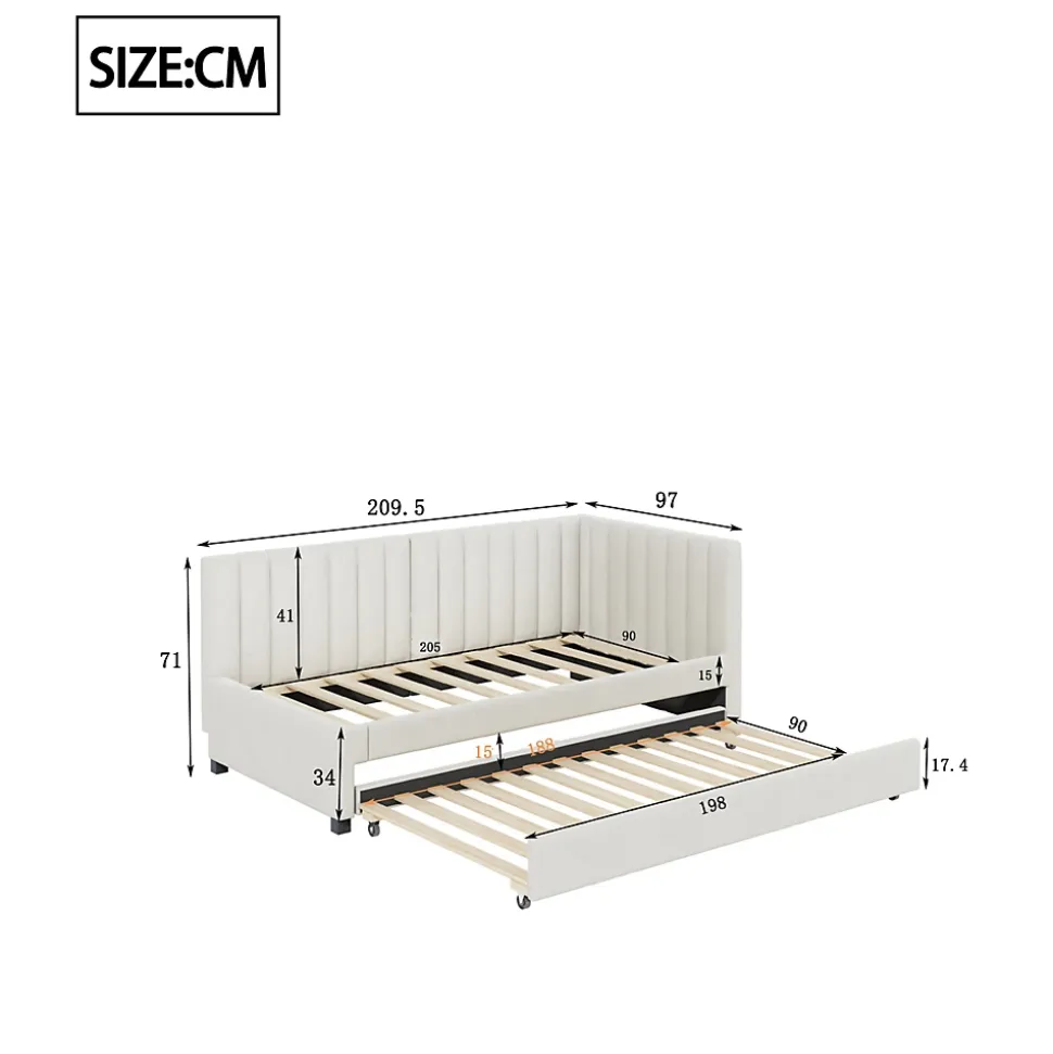 Lit Gigogne 90x200 cm - Lit enfant et d'Appoint avec Tiroir Intégré, Sommier À Lattes, Velours Beige