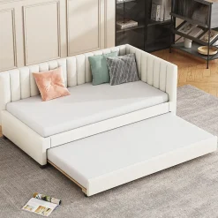 Lit Gigogne 90x200 cm - Lit enfant et d'Appoint avec Tiroir Intégré, Sommier À Lattes, Velours Beige