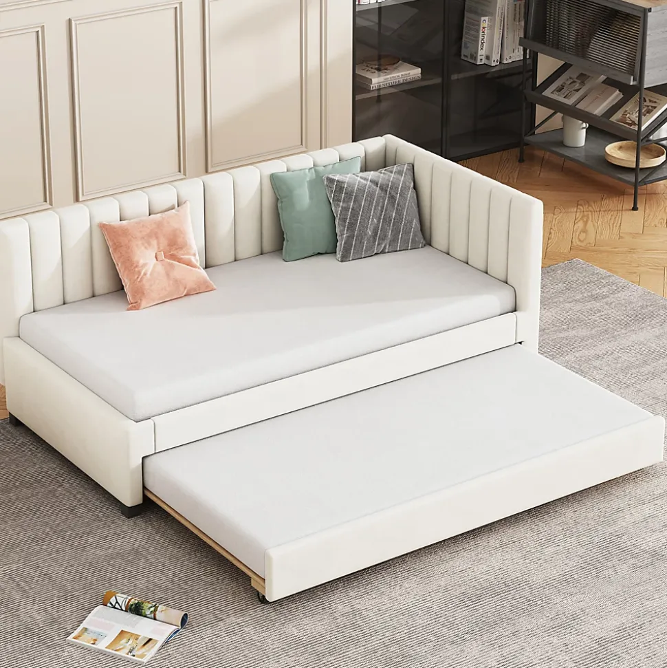 Lit Gigogne 90x200 cm - Lit enfant et d'Appoint avec Tiroir Intégré, Sommier À Lattes, Velours Beige