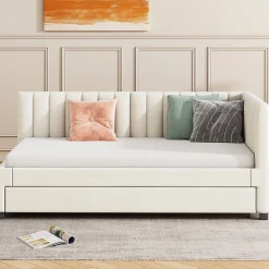 Lit Gigogne 90x200 cm - Lit enfant et d'Appoint avec Tiroir Intégré, Sommier À Lattes, Velours Beige