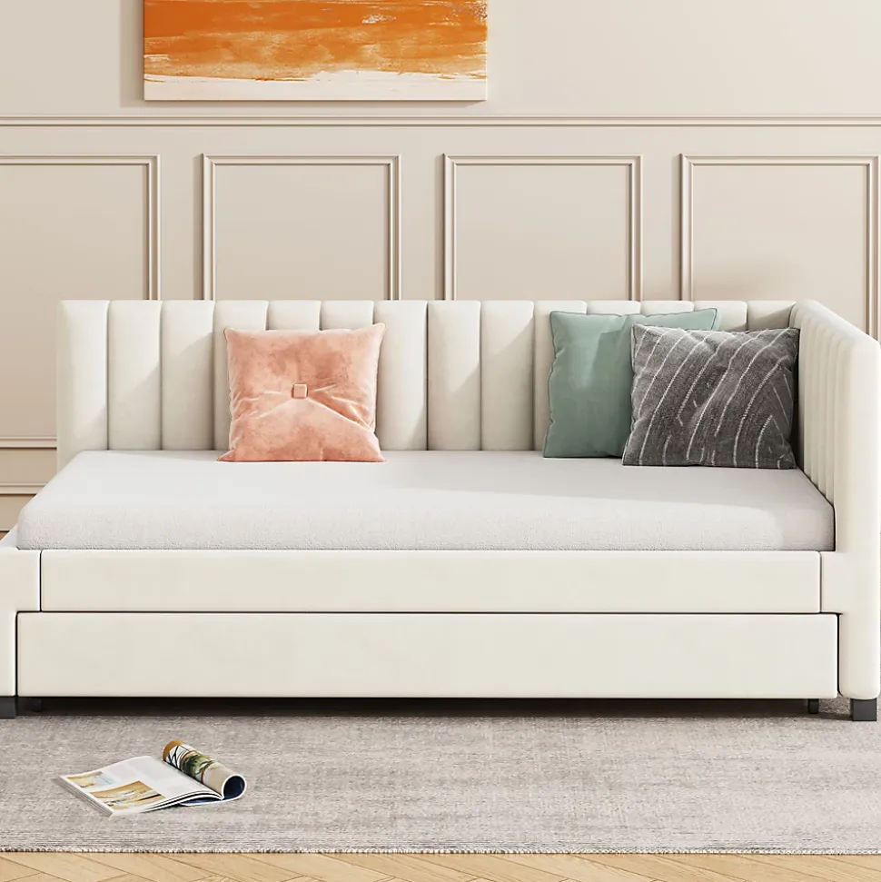 Lit Gigogne 90x200 cm - Lit enfant et d'Appoint avec Tiroir Intégré, Sommier À Lattes, Velours Beige