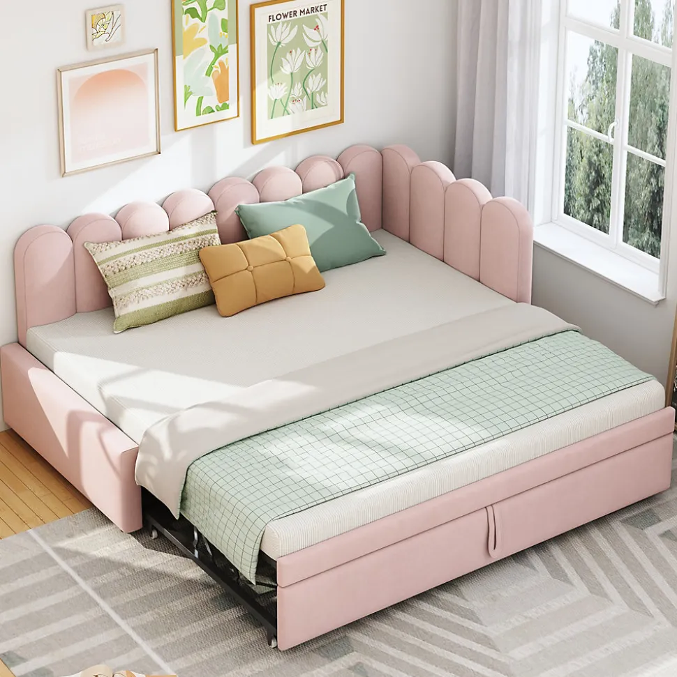 Lit Gigogne 90x200 cm - Lit Enfant Velours avec Rangement et Lit Extensible, 2-en-1 Multifonction, Sans Matelas, Rose