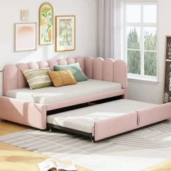 Lit Gigogne 90x200 cm - Lit Enfant Velours avec Rangement et Lit Extensible, 2-en-1 Multifonction, Sans Matelas, Rose