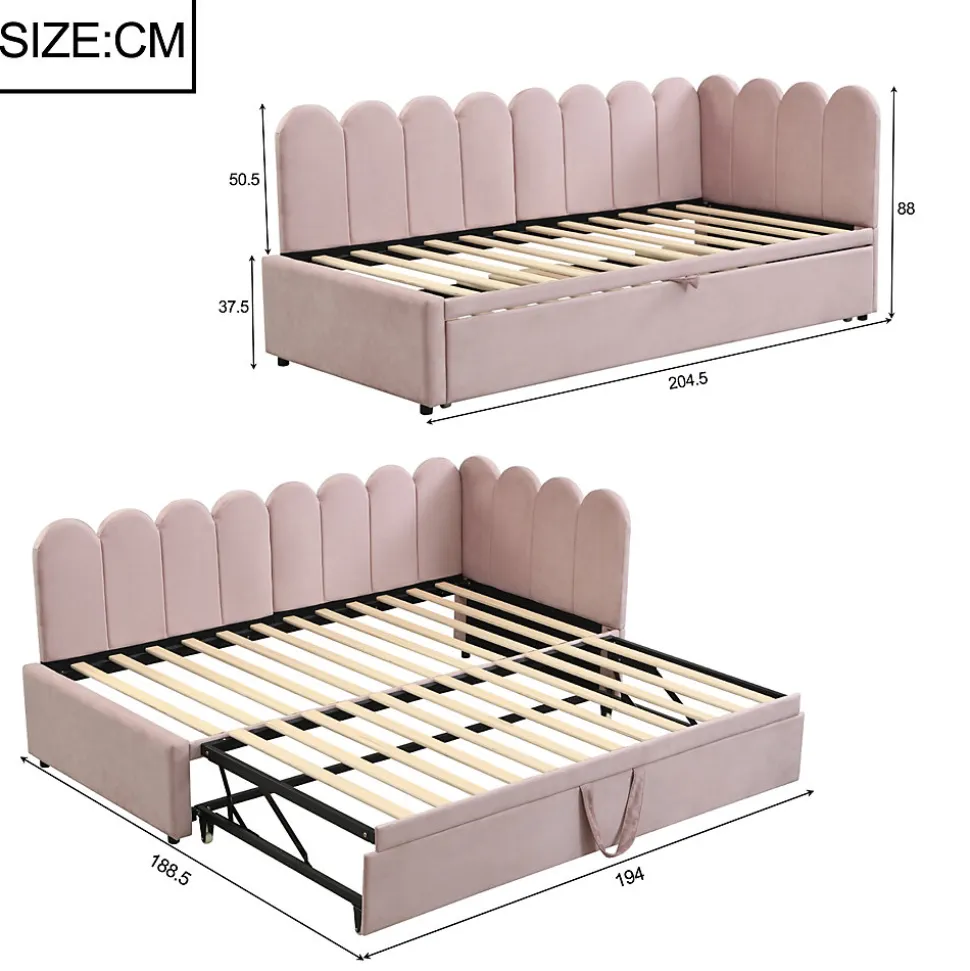 Lit Gigogne 90x200 cm - Lit Enfant Velours avec Rangement et Lit Extensible, 2-en-1 Multifonction, Sans Matelas, Rose
