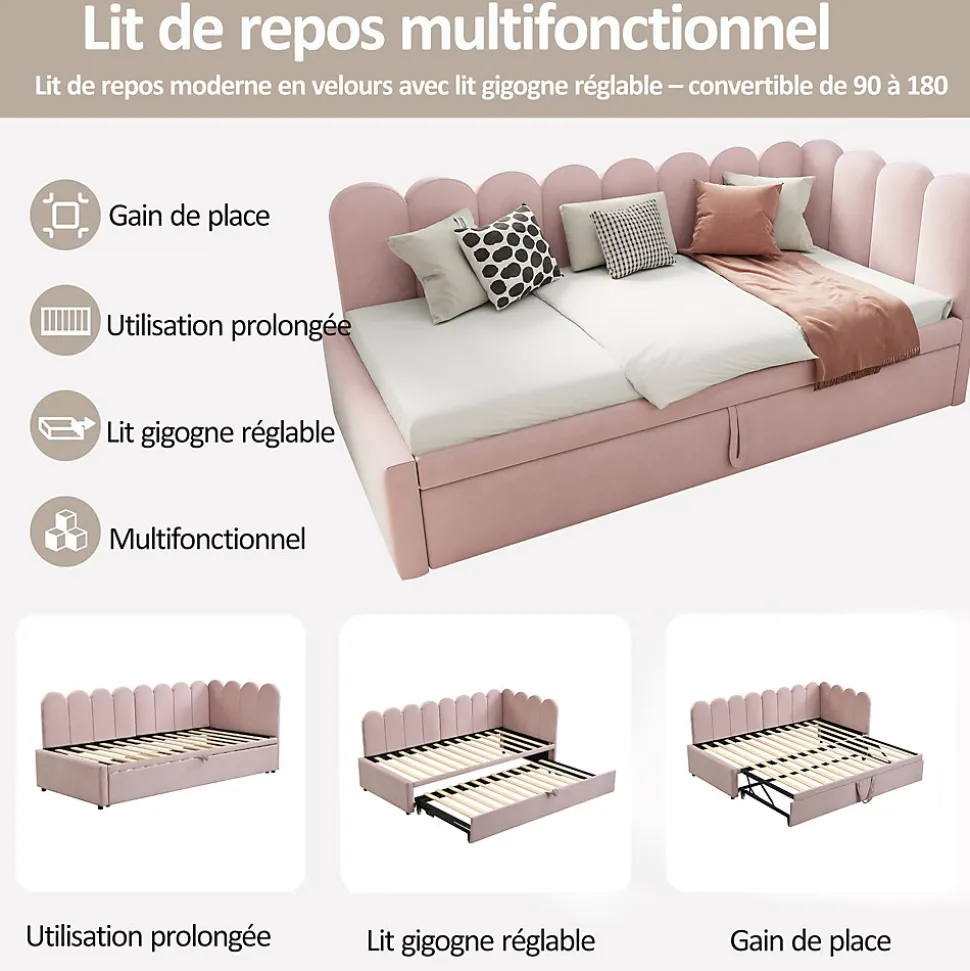Lit Gigogne 90x200 cm - Lit Enfant Velours avec Rangement et Lit Extensible, 2-en-1 Multifonction, Sans Matelas, Rose