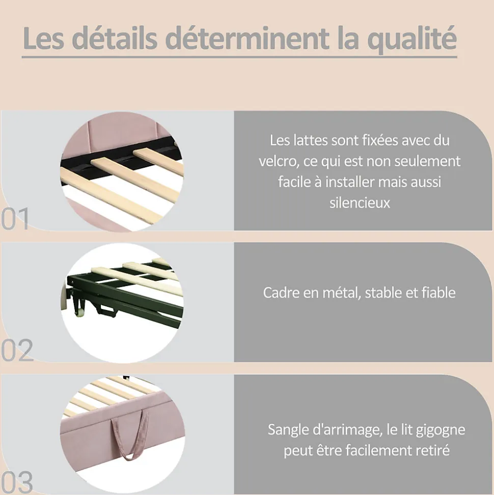 Lit Gigogne 90x200 cm - Lit Enfant Velours avec Rangement et Lit Extensible, 2-en-1 Multifonction, Sans Matelas, Rose