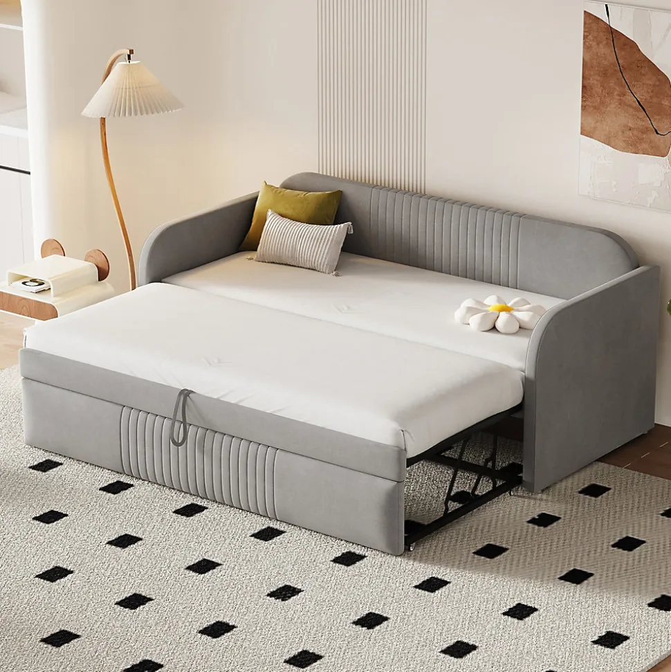 Lit gigogne 90/180x190 cm - Lit extensible avec tiroir de rangement - Tissu lin respirant gris clair