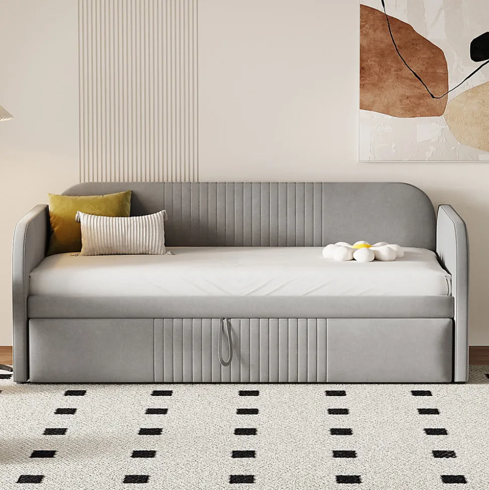 Lit gigogne 90/180x190 cm - Lit extensible avec tiroir de rangement - Tissu lin respirant gris clair