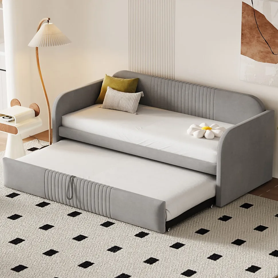 Lit gigogne 90/180x190 cm - Lit extensible avec tiroir de rangement - Tissu lin respirant gris clair