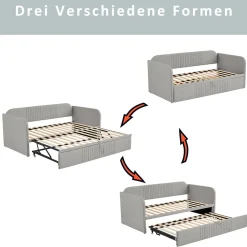 Lit gigogne 90/180x190 cm - Lit extensible avec tiroir de rangement - Tissu lin respirant gris clair