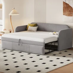 Lit gigogne 90/180x190 cm - Lit extensible avec tiroir de rangement - Tissu lin respirant gris clair