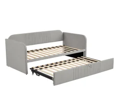 Lit gigogne 90/180x190 cm - Lit extensible avec tiroir de rangement - Tissu lin respirant gris clair