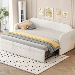 Lit gigogne 90/180x190 cm - Lit extensible avec sommier à lattes - Tissu lin respirant Beige, sans matelas