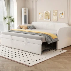 Lit gigogne 90/180x190 cm - Lit extensible avec sommier à lattes - Tissu lin respirant Beige, sans matelas