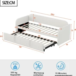 Lit gigogne 90/180x190 cm - Lit extensible avec sommier à lattes - Tissu lin respirant Beige, sans matelas