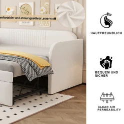 Lit gigogne 90/180x190 cm - Lit extensible avec sommier à lattes - Tissu lin respirant Beige, sans matelas