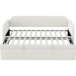 Lit gigogne 90/180x190 cm - Lit extensible avec sommier à lattes - Tissu lin respirant Beige, sans matelas