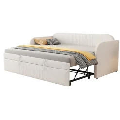 Lit gigogne 90/180x190 cm - Lit extensible avec sommier à lattes - Tissu lin respirant Beige, sans matelas