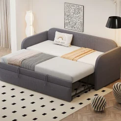 Lit gigogne 90/180x190 cm - Lit extensible avec tiroir et sommier à lattes - Tissu lin respirant Gris