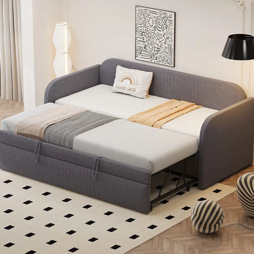 Lit gigogne 90/180x190 cm - Lit extensible avec tiroir et sommier à lattes - Tissu lin respirant Gris