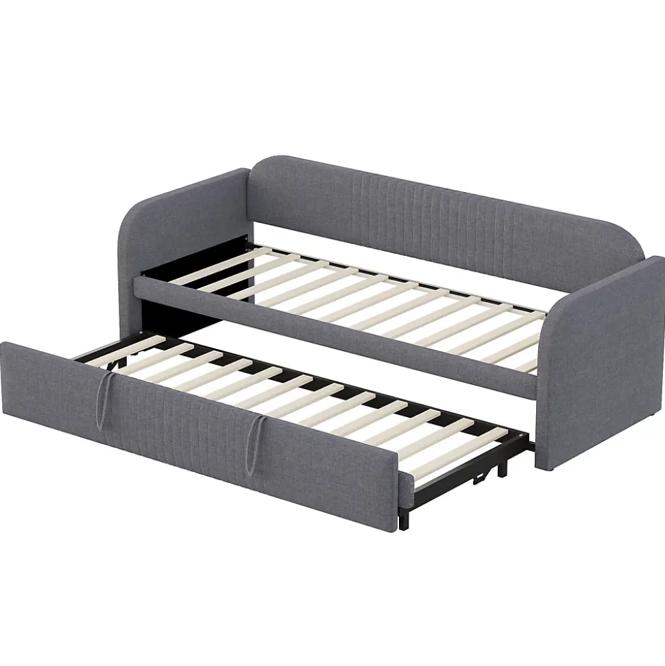 Lit gigogne 90/180x190 cm - Lit extensible avec tiroir et sommier à lattes - Tissu lin respirant Gris