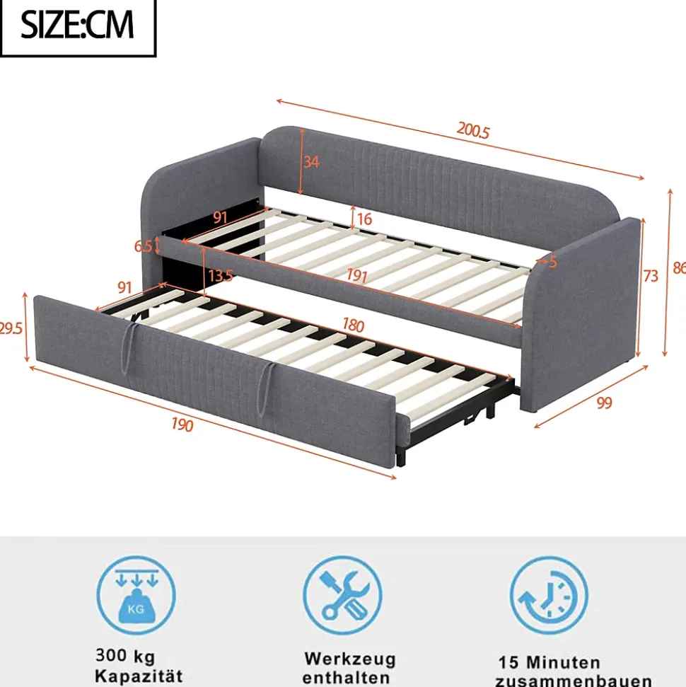 Lit gigogne 90/180x190 cm - Lit extensible avec tiroir et sommier à lattes - Tissu lin respirant Gris