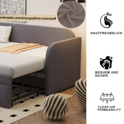 Lit gigogne 90/180x190 cm - Lit extensible avec tiroir et sommier à lattes - Tissu lin respirant Gris