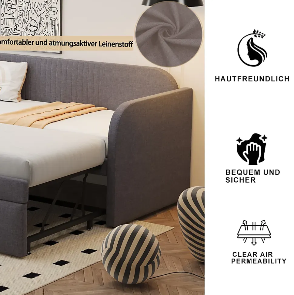 Lit gigogne 90/180x190 cm - Lit extensible avec tiroir et sommier à lattes - Tissu lin respirant Gris