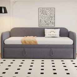 Lit gigogne 90/180x190 cm - Lit extensible avec tiroir et sommier à lattes - Tissu lin respirant Gris