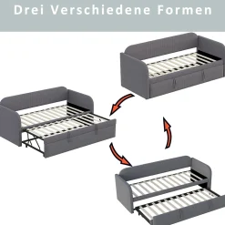 Lit gigogne 90/180x190 cm - Lit extensible avec tiroir et sommier à lattes - Tissu lin respirant Gris