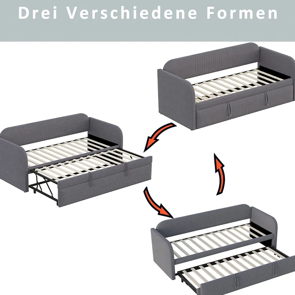 Lit gigogne 90/180x190 cm - Lit extensible avec tiroir et sommier à lattes - Tissu lin respirant Gris