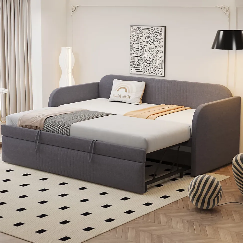 Lit gigogne 90/180x190 cm - Lit extensible avec tiroir et sommier à lattes - Tissu lin respirant Gris