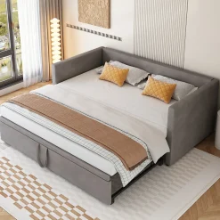 Lit Gigogne 90/180x200 cm - Lit Multifonction avec Sommier À Lattes, Convertible en deux Lits, Sans Matelas - Gris