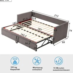 Lit Gigogne 90/180x200 cm - Lit Multifonction avec Sommier À Lattes, Convertible en deux Lits, Sans Matelas - Gris