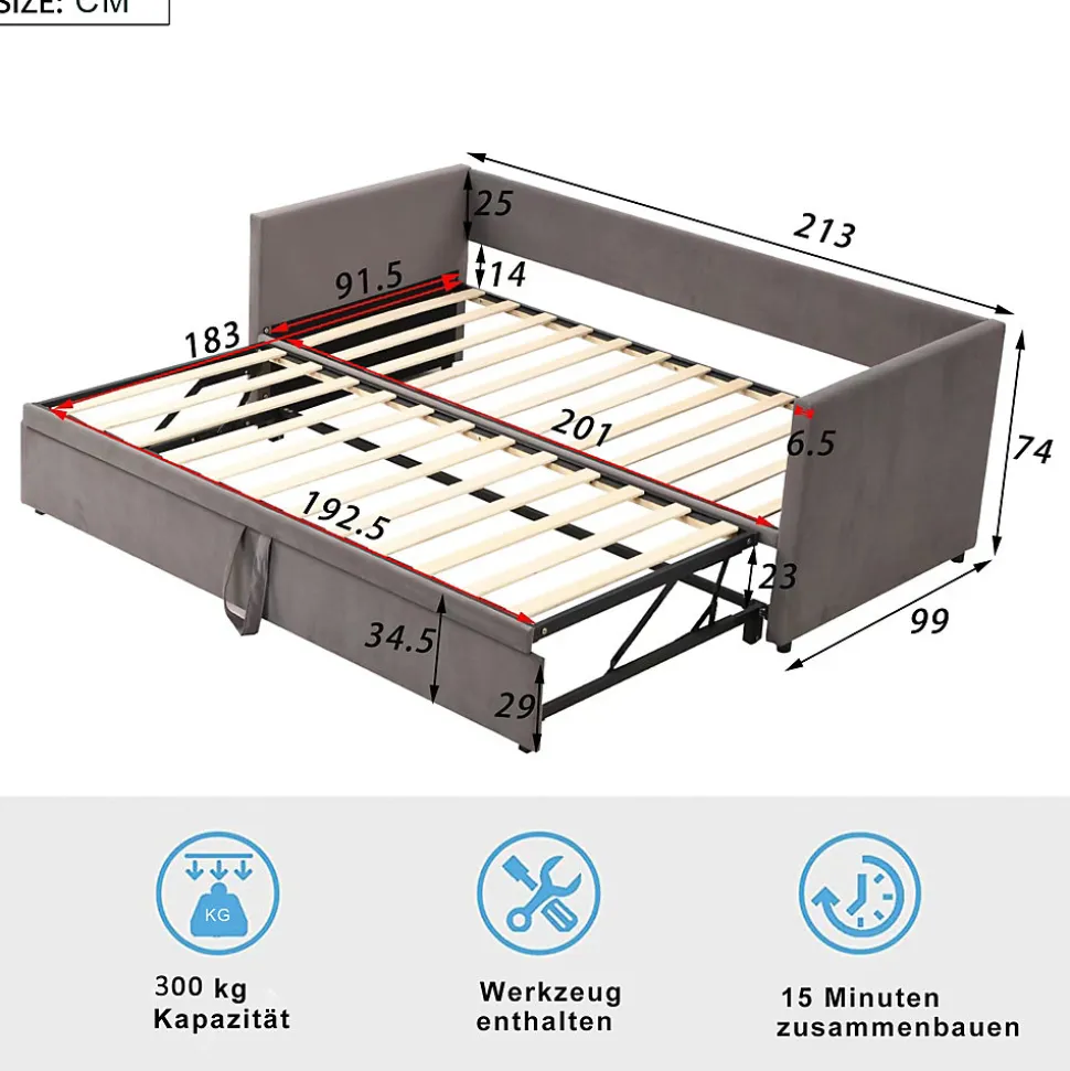 Lit Gigogne 90/180x200 cm - Lit Multifonction avec Sommier À Lattes, Convertible en deux Lits, Sans Matelas - Gris