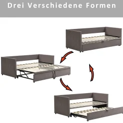 Lit Gigogne 90/180x200 cm - Lit Multifonction avec Sommier À Lattes, Convertible en deux Lits, Sans Matelas - Gris