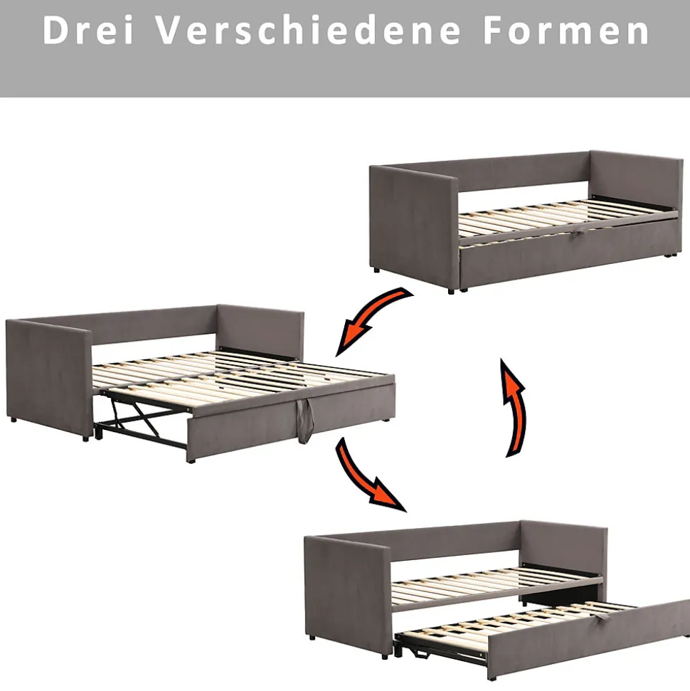 Lit Gigogne 90/180x200 cm - Lit Multifonction avec Sommier À Lattes, Convertible en deux Lits, Sans Matelas - Gris