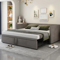 Lit Gigogne 90/180x200 cm - Lit Multifonction avec Sommier À Lattes, Convertible en deux Lits, Sans Matelas - Gris