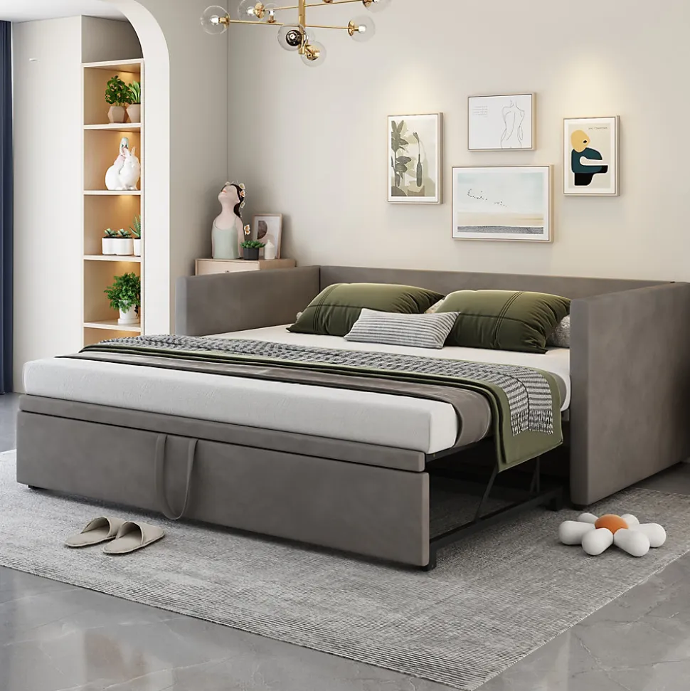 Lit Gigogne 90/180x200 cm - Lit Multifonction avec Sommier À Lattes, Convertible en deux Lits, Sans Matelas - Gris